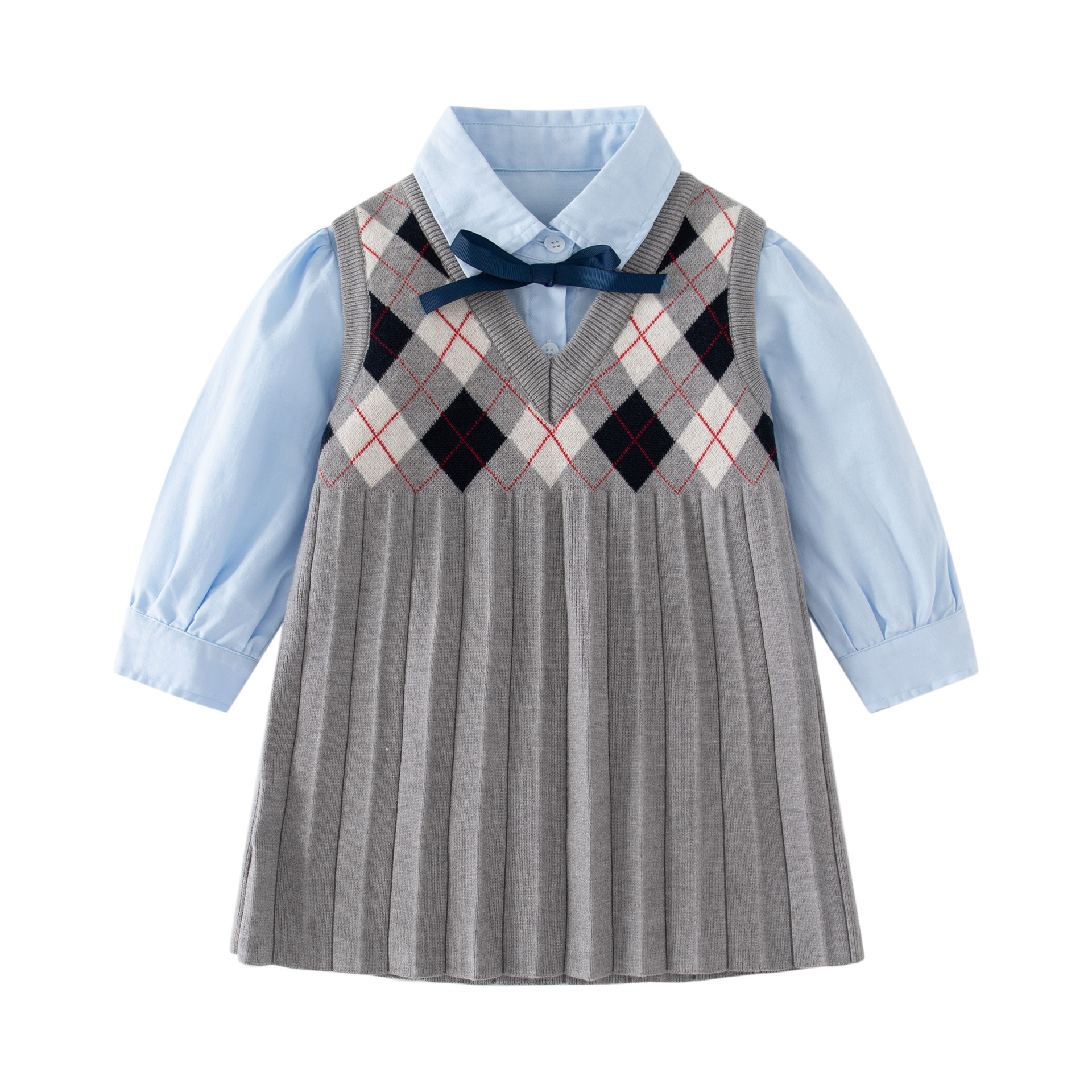 Cotton Shirt + College Style Knitted Sweater Undershirt Skirt