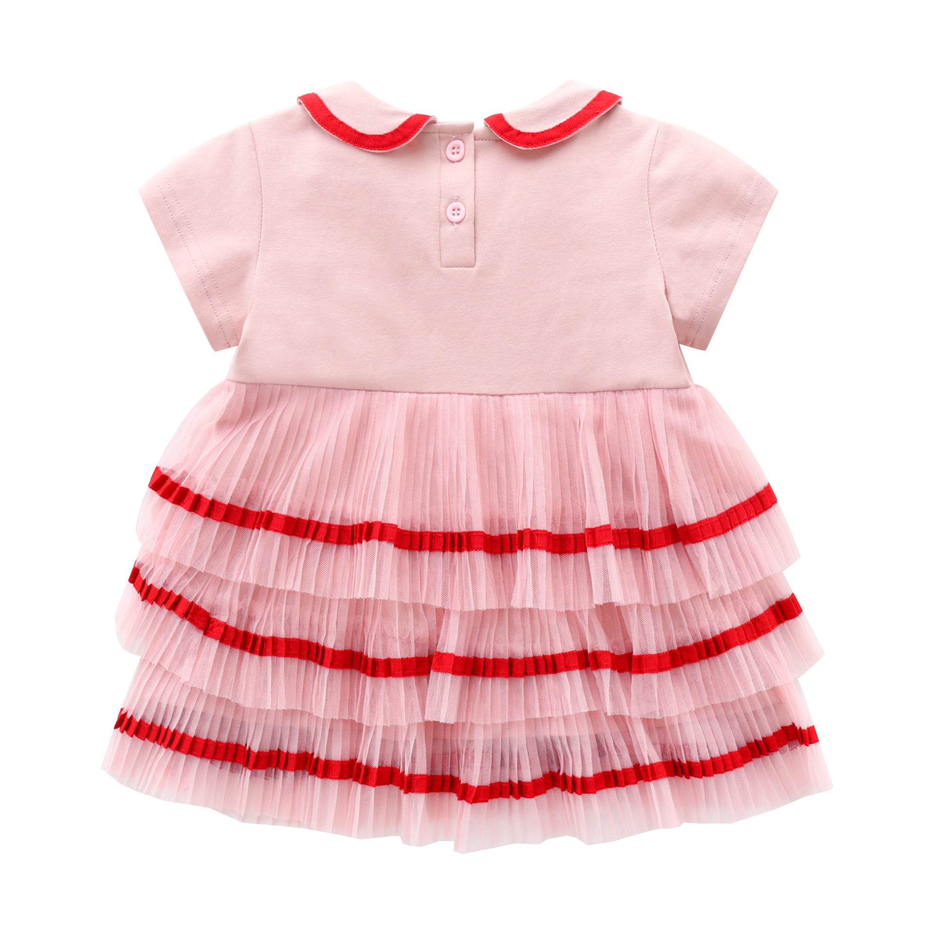Pink Bow Cotton Short-Sleeved Pleated Dress