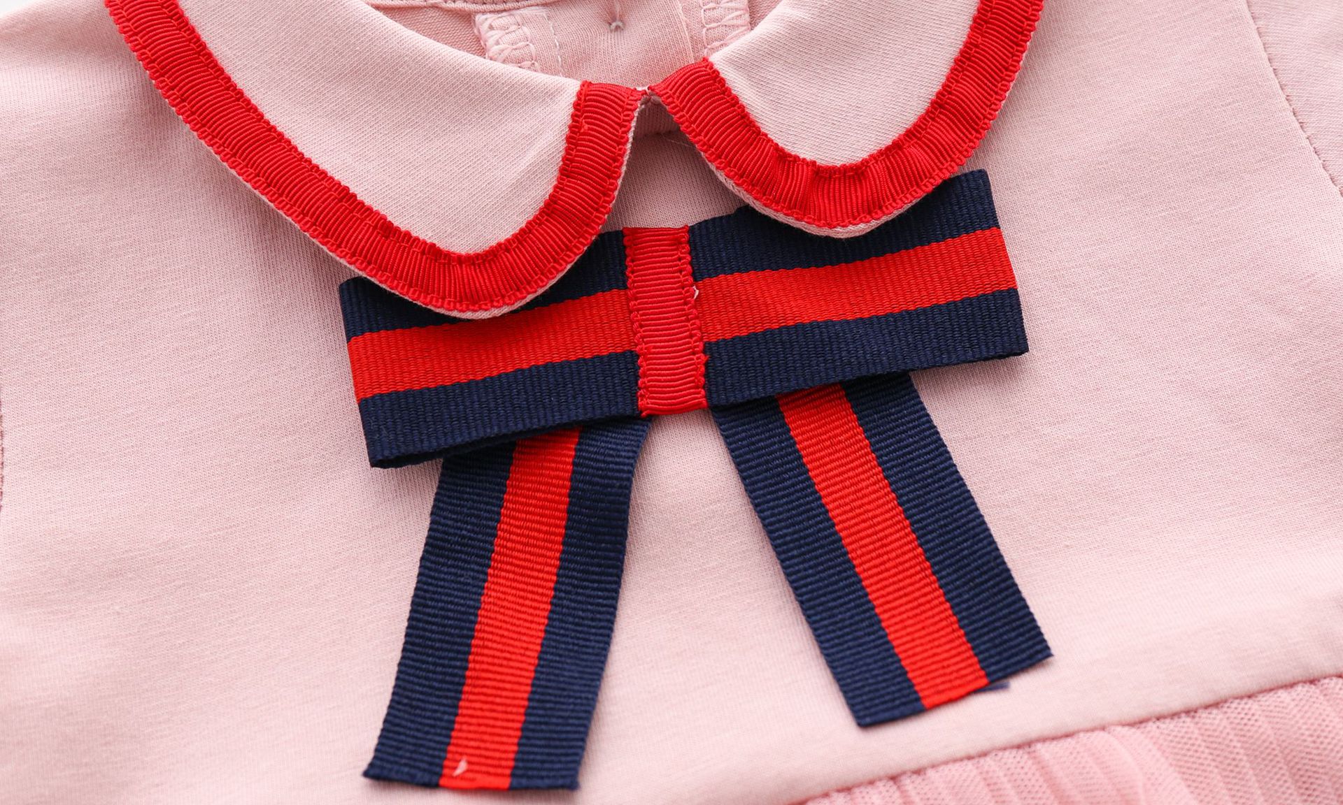 Pink Bow Cotton Short-Sleeved Pleated Dress