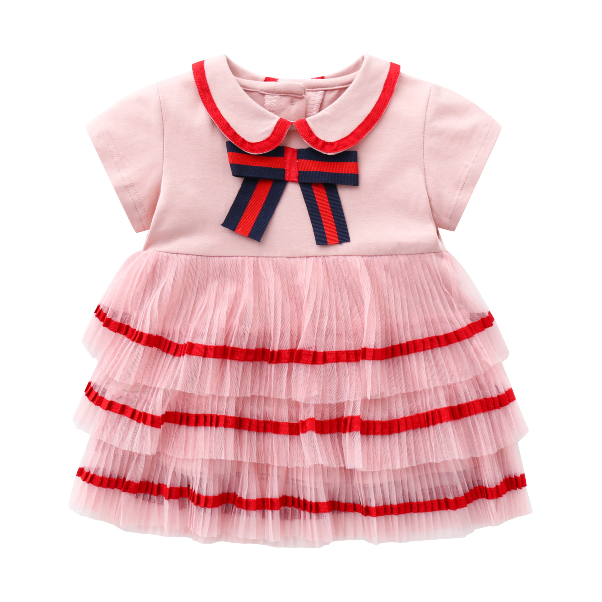 Pink Bow Cotton Short-Sleeved Pleated Dress