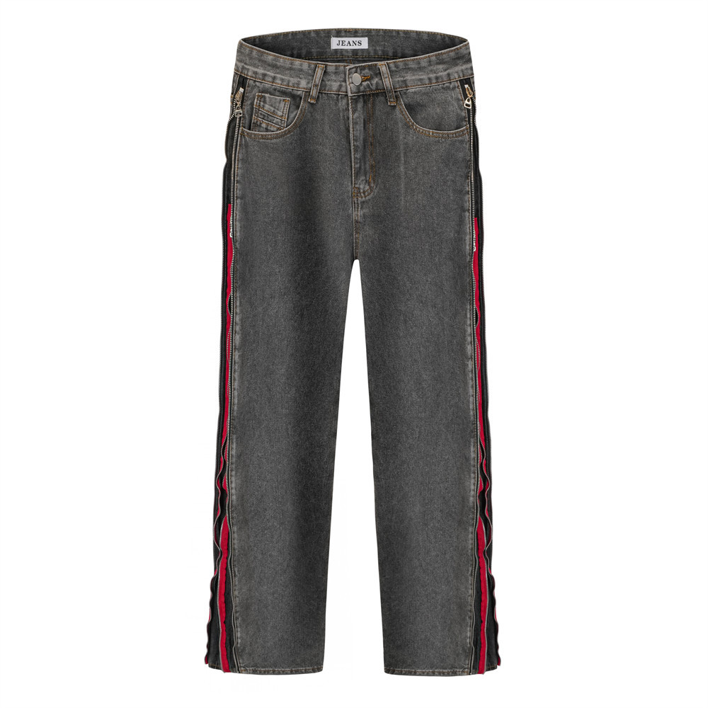 Side Zipper Splicing Washed Denim Pants