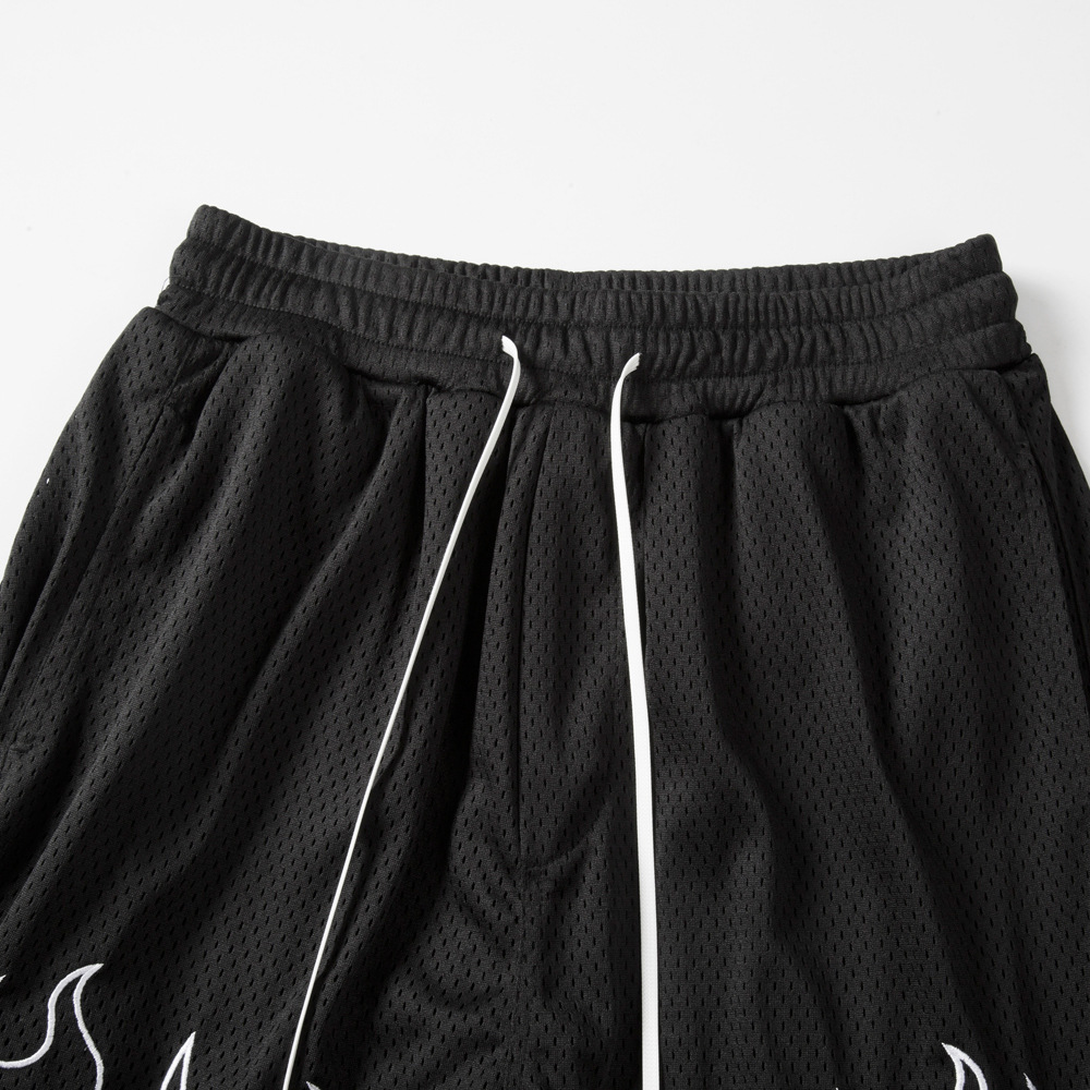 Patchwork Fake Two-Piece Flame Embroidered Shorts