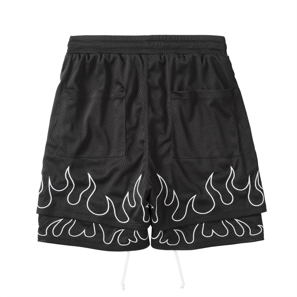 Patchwork Fake Two-Piece Flame Embroidered Shorts