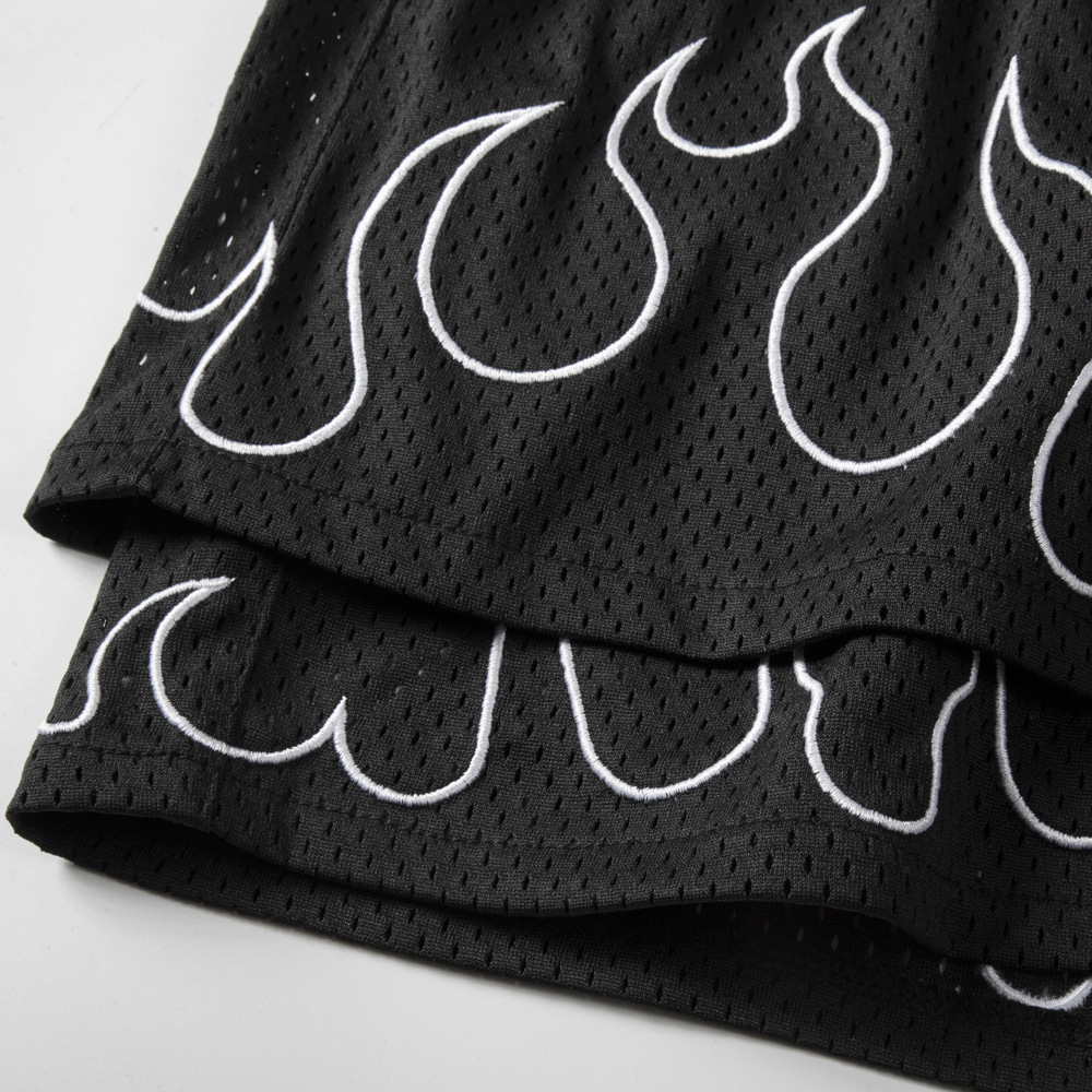 Patchwork Fake Two-Piece Flame Embroidered Shorts