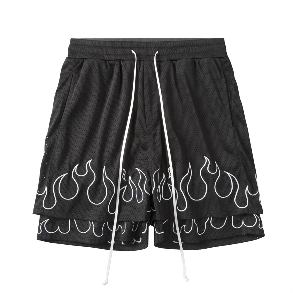 Patchwork Fake Two-Piece Flame Embroidered Shorts