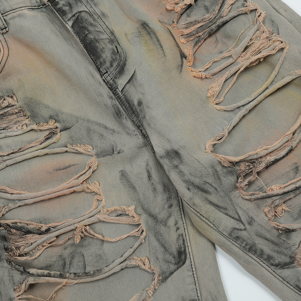 Heavy-Duty Ripped Paint Print Denim Shorts