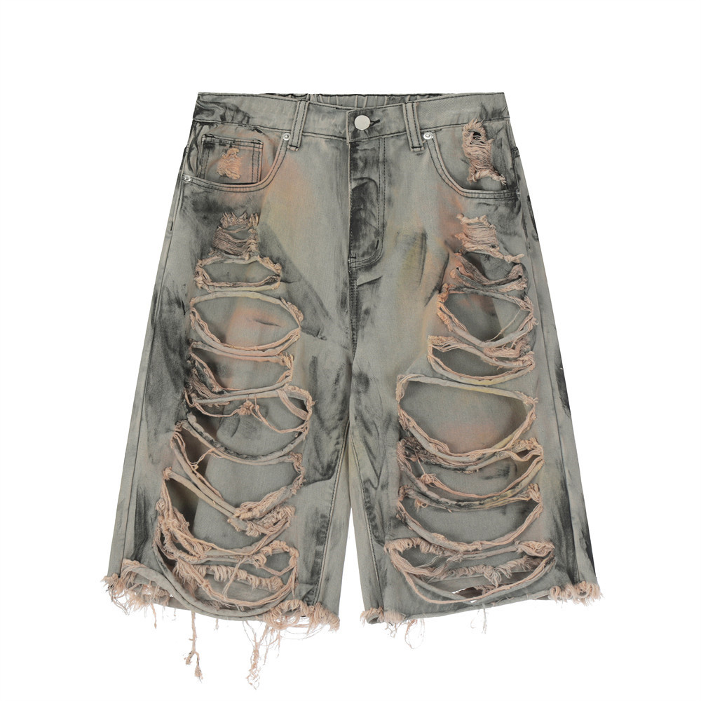 Heavy-Duty Ripped Paint Print Denim Shorts