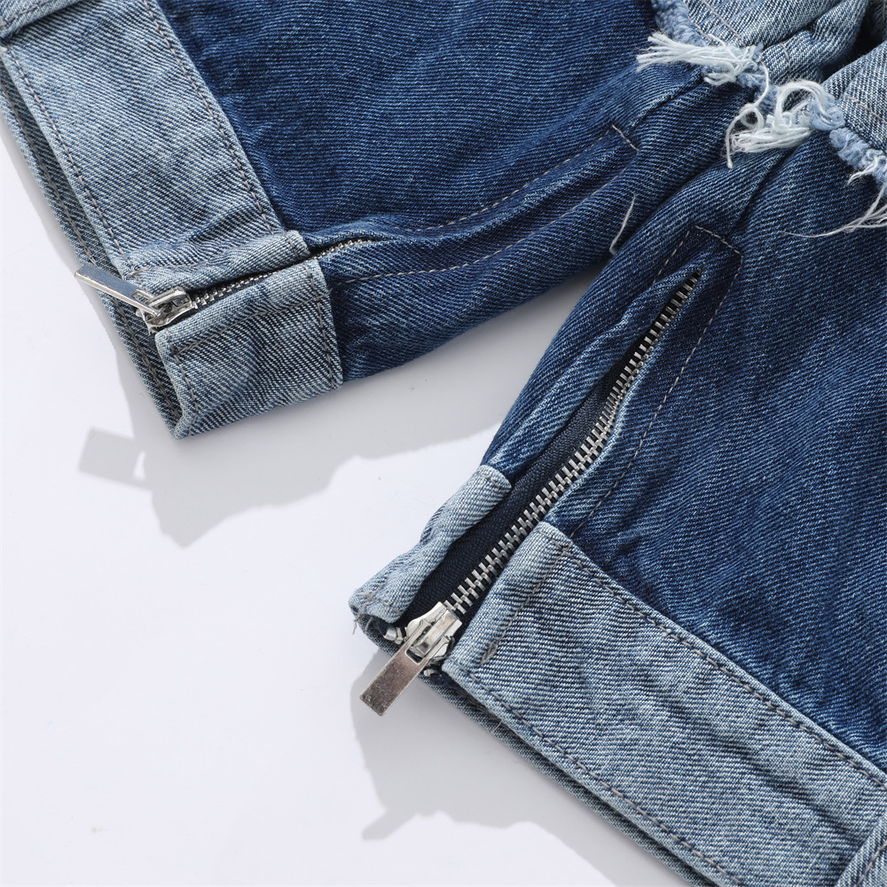 Loose Fitting Straight Leg Colour Blocked Denim Shorts