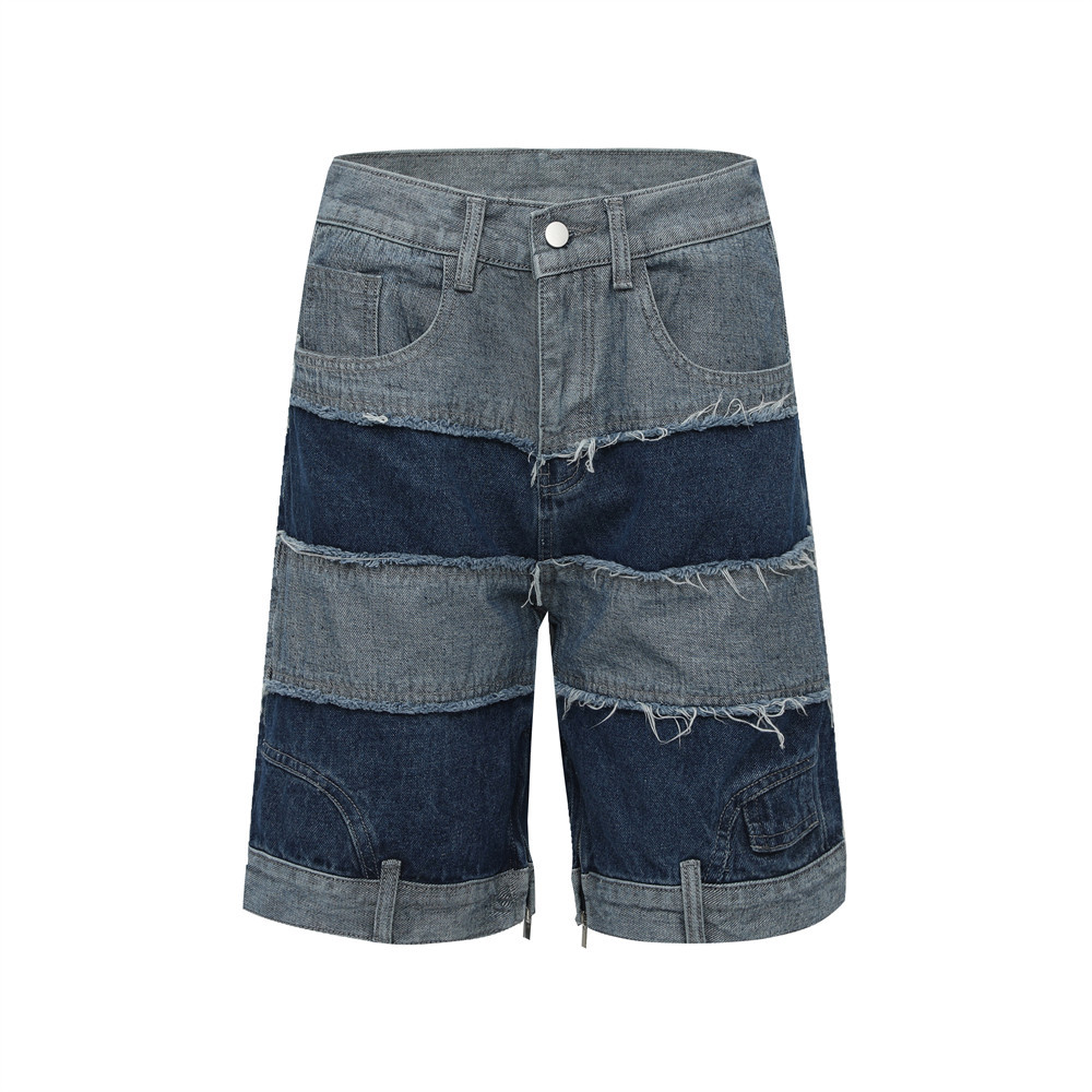 Loose Fitting Straight Leg Colour Blocked Denim Shorts