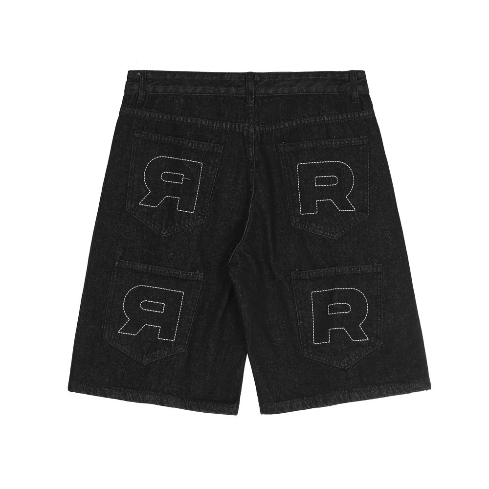 Multi-Pocket Straight-Leg Embroidered Denim Shorts