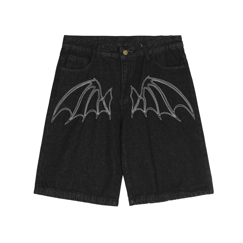 Multi-Pocket Straight-Leg Embroidered Denim Shorts