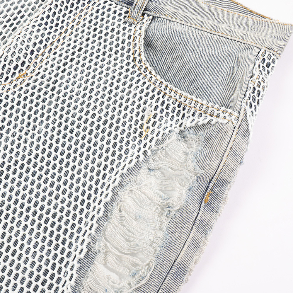 Ripped Cut-Out Mesh Patch Denim Shorts