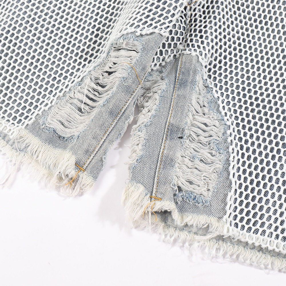 Ripped Cut-Out Mesh Patch Denim Shorts