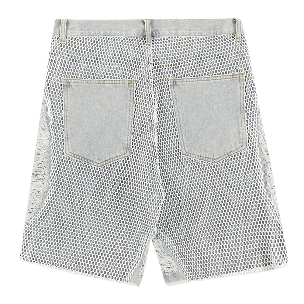 Ripped Cut-Out Mesh Patch Denim Shorts