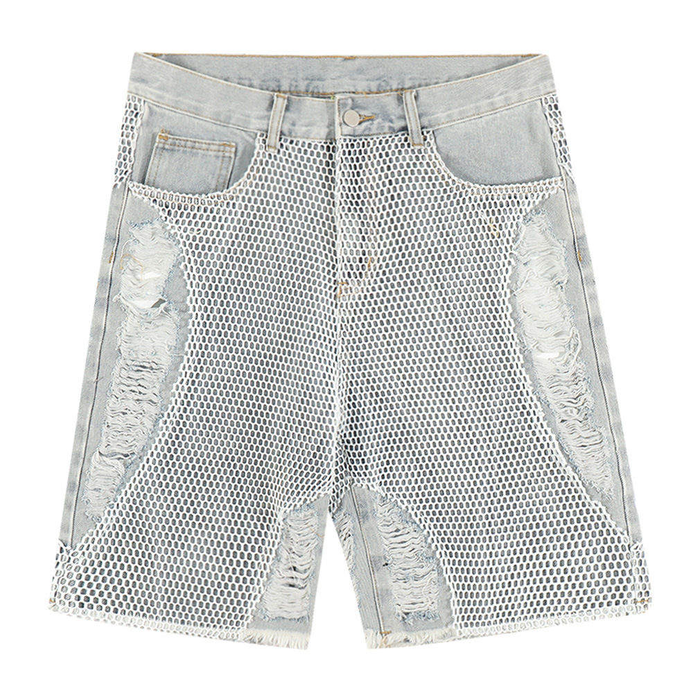 Ripped Cut-Out Mesh Patch Denim Shorts