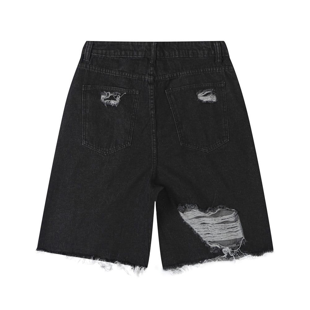Summer Fur-Trimmed Cat Whiskers Washed And Torn Denim Shorts