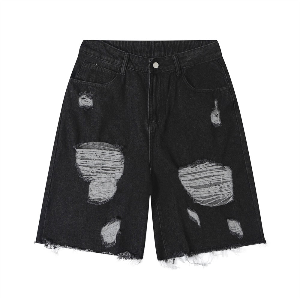 Summer Fur-Trimmed Cat Whiskers Washed And Torn Denim Shorts