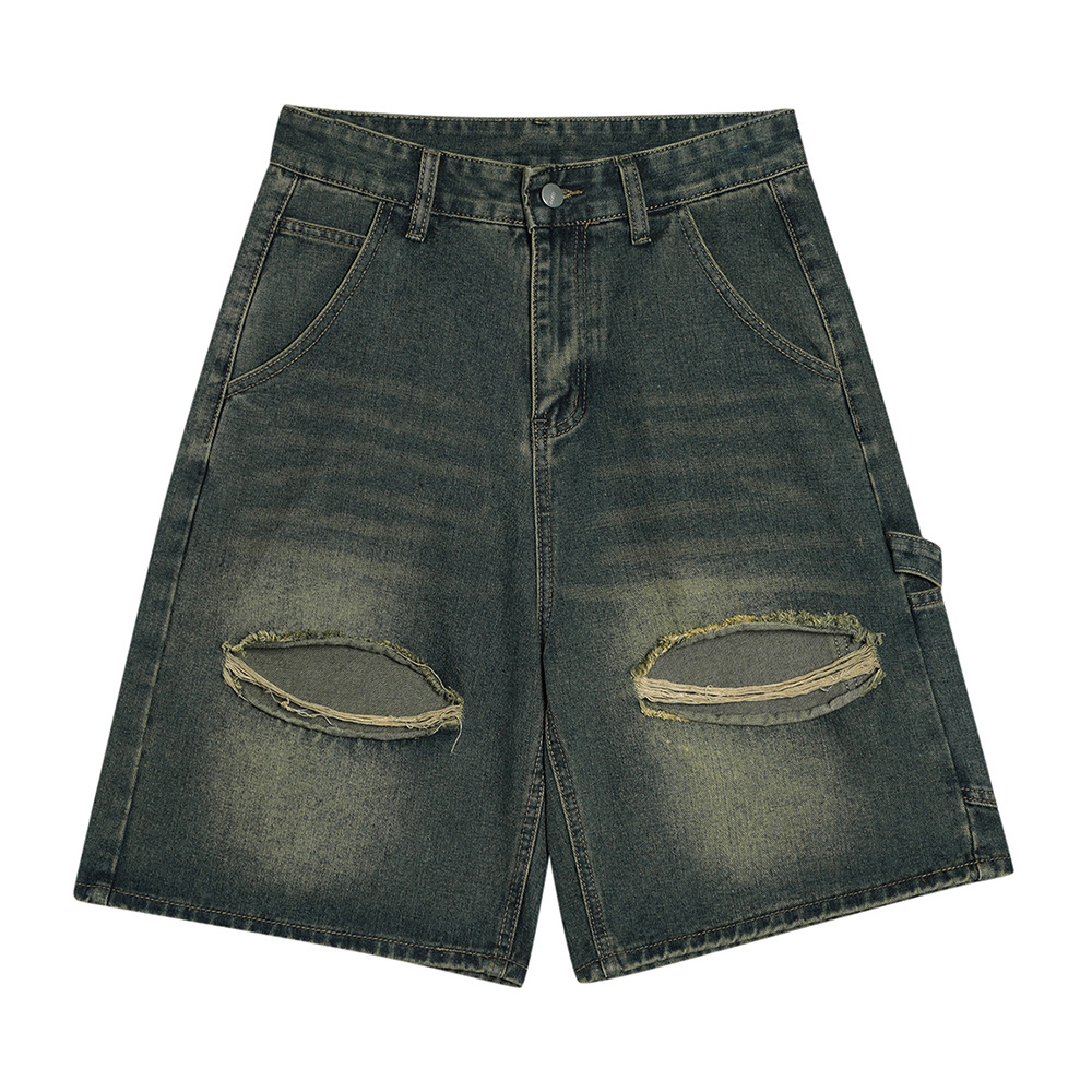 Washed And Distressed Relaxed Straight Leg Ripped Denim Shorts