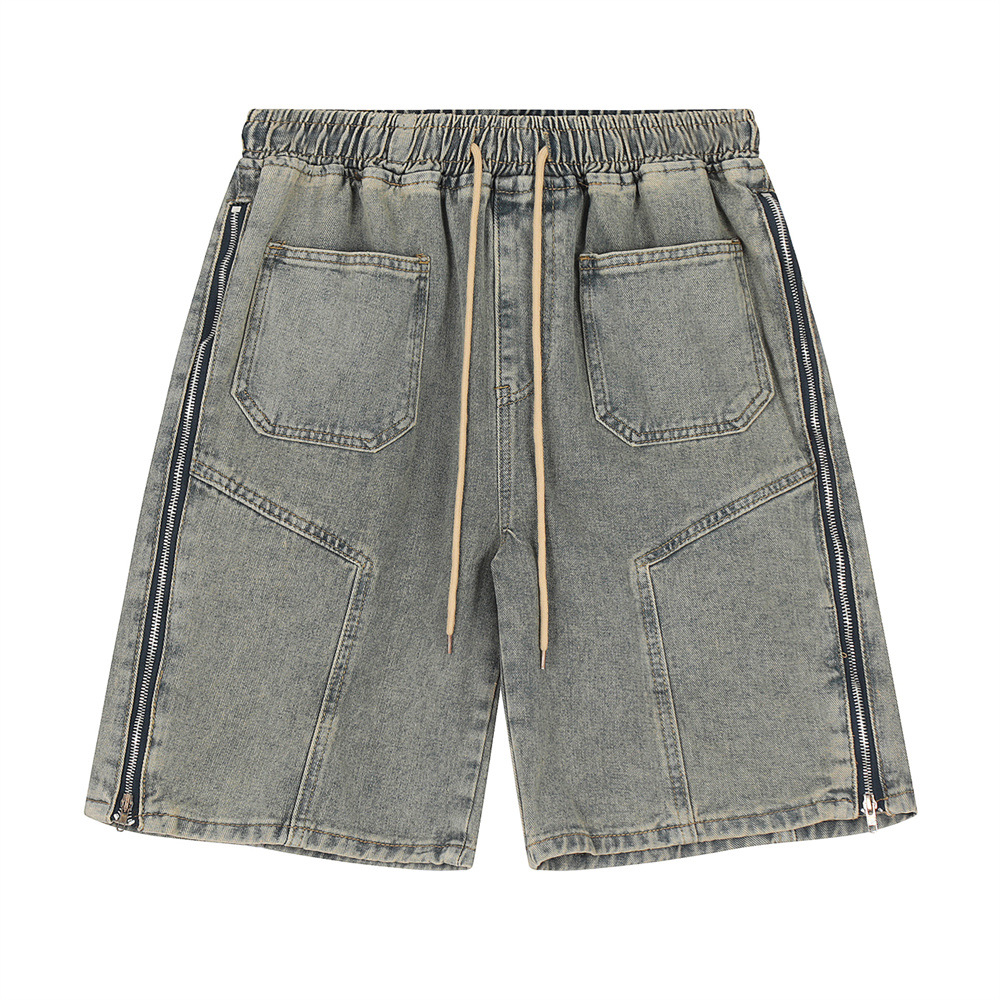 Washed And Worn Straight Personality Side Zipper Splicing Denim Shorts