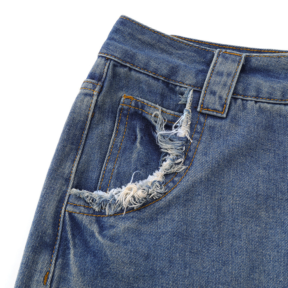 Washed Raw Hem Straight Ripped Denim Shorts