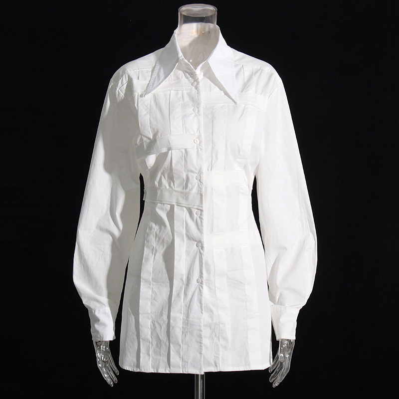 Asymmetric Pointed Collar Cross Tie Solid Color Patchwork Shirt