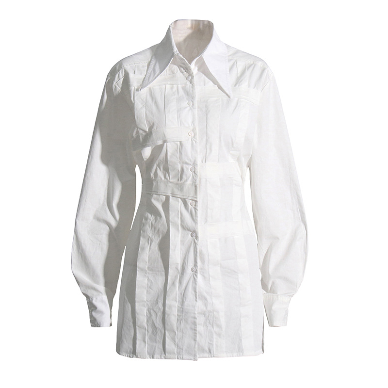 Asymmetric Pointed Collar Cross Tie Solid Color Patchwork Shirt