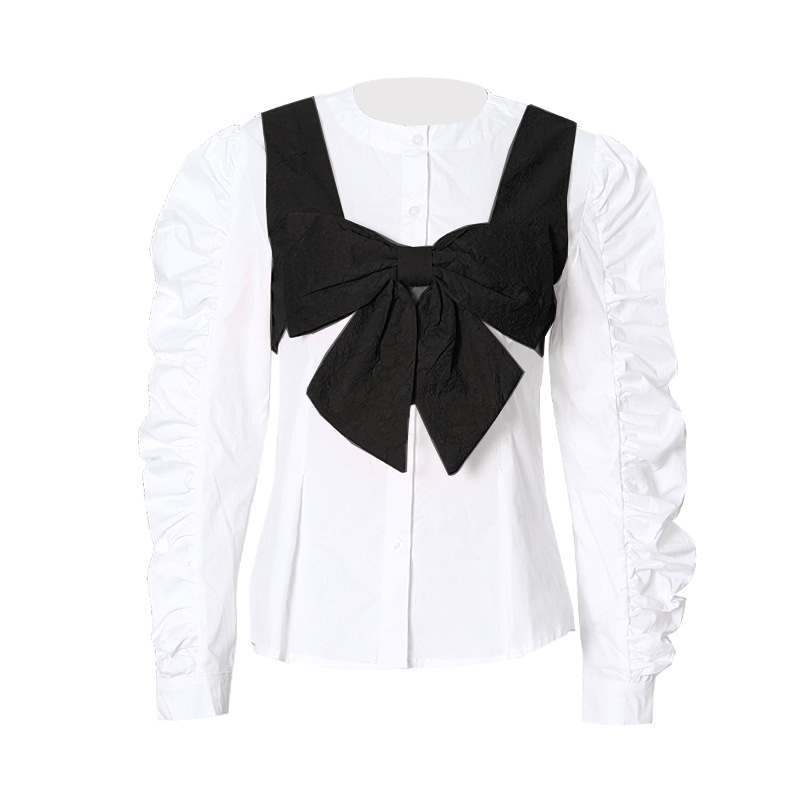 Bubble Sleeve Front And Back Two Wear Bow Vest Shirt