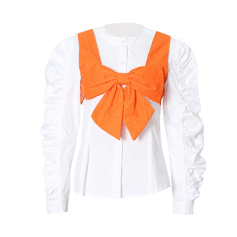 Bubble Sleeve Front And Back Two Wear Bow Vest Shirt