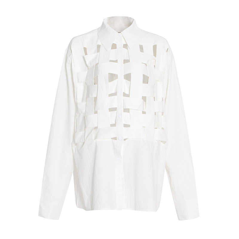 Lapel Collar Hollow Straps Loose Casual Shirt