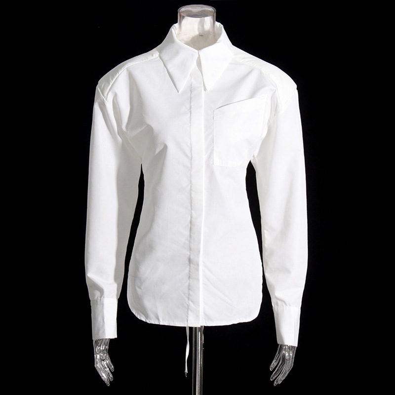 Lapel Collar Long Sleeve Backless Lace-Up Solid Color Shirt