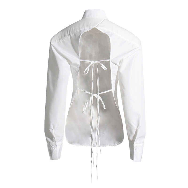 Lapel Collar Long Sleeve Backless Lace-Up Solid Color Shirt