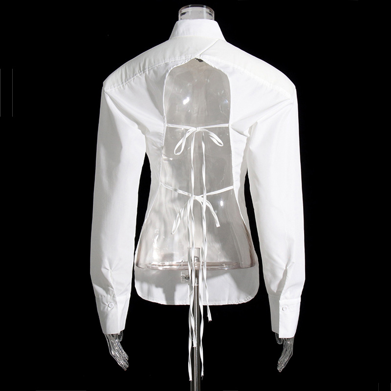 Lapel Collar Long Sleeve Backless Lace-Up Solid Color Shirt