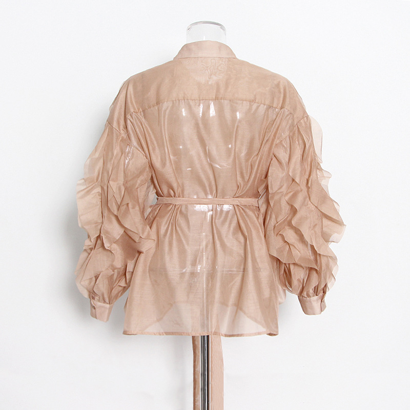 Lapel Single-Breasted Lace-Up Solid Color Shirt