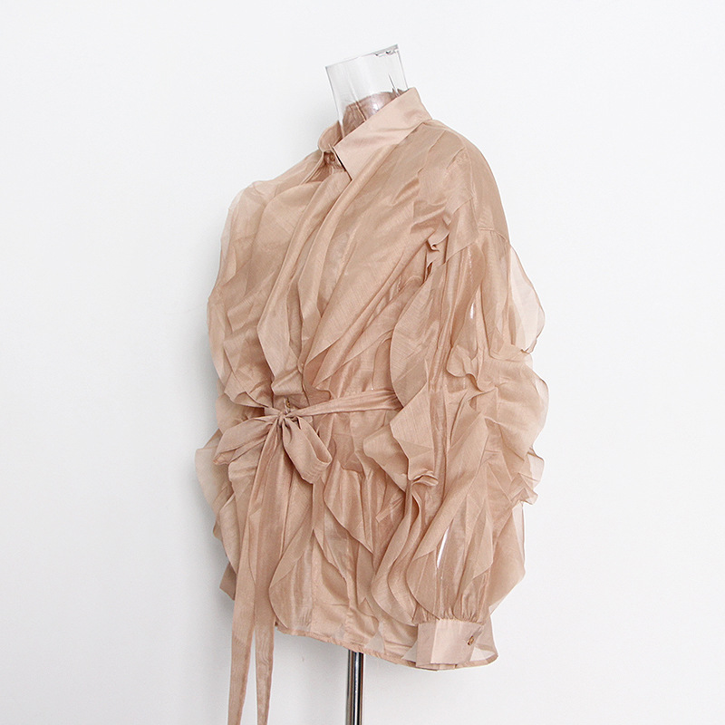 Lapel Single-Breasted Lace-Up Solid Color Shirt