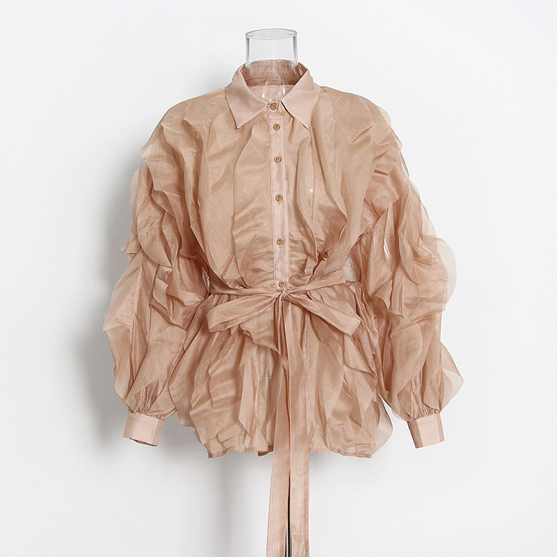 Lapel Single-Breasted Lace-Up Solid Color Shirt