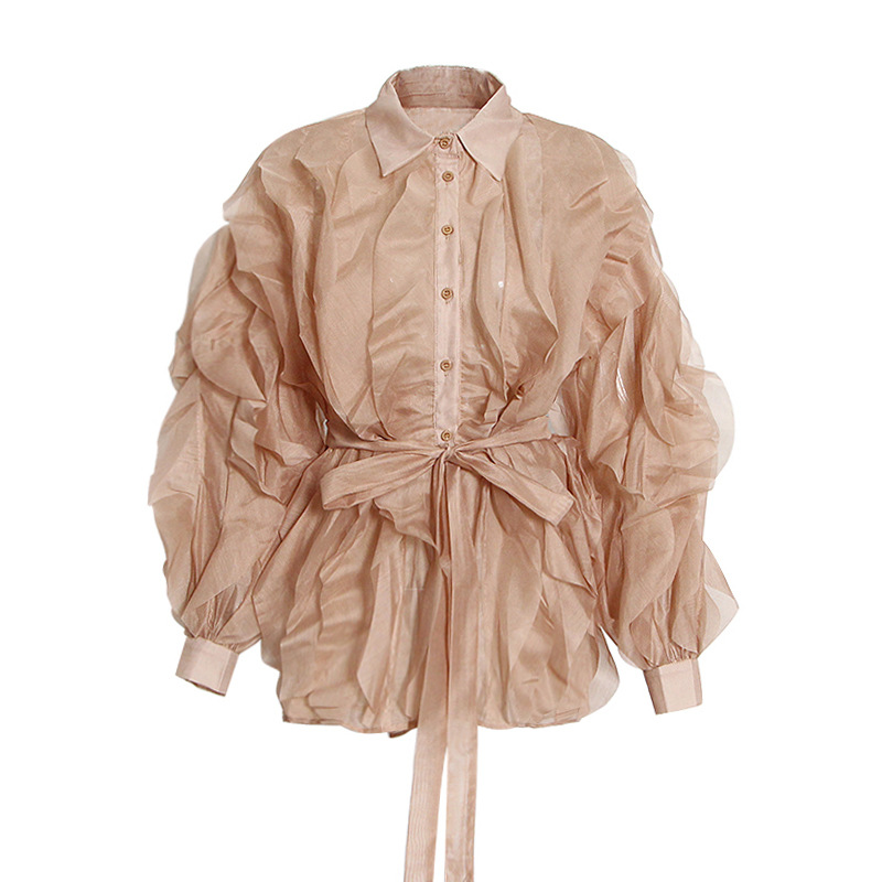 Lapel Single-Breasted Lace-Up Solid Color Shirt