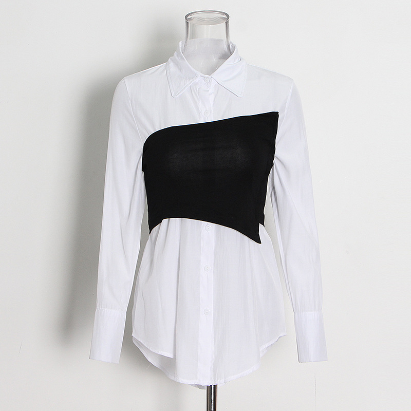 Lapel Single-Breasted Solid Color Smocked Patchwork Shirt