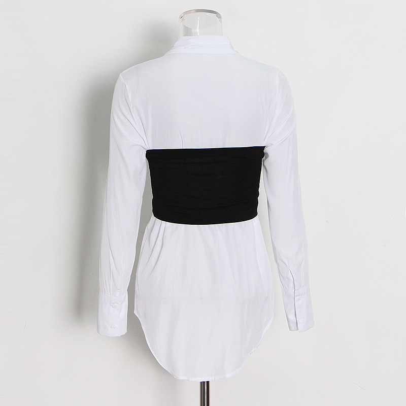 Lapel Single-Breasted Solid Color Smocked Patchwork Shirt