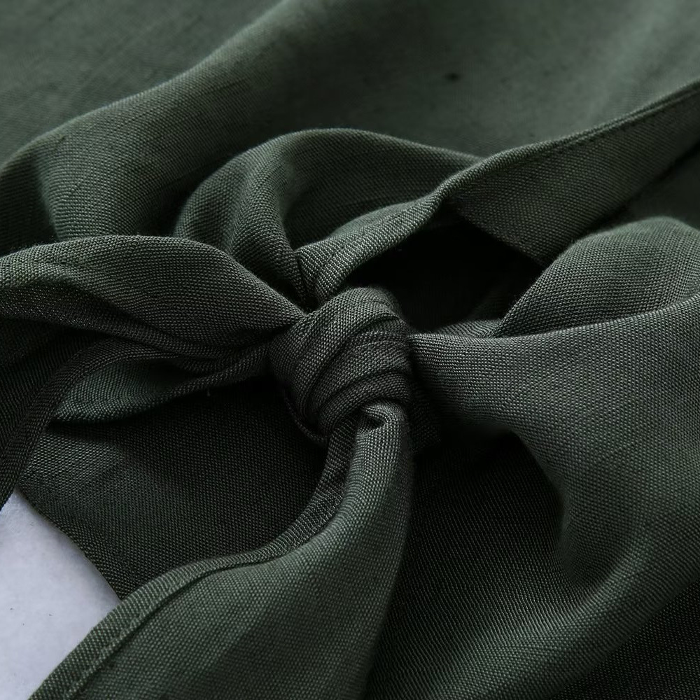 Linen Blend Knotted Trim Long Sleeve Lapel Shirt