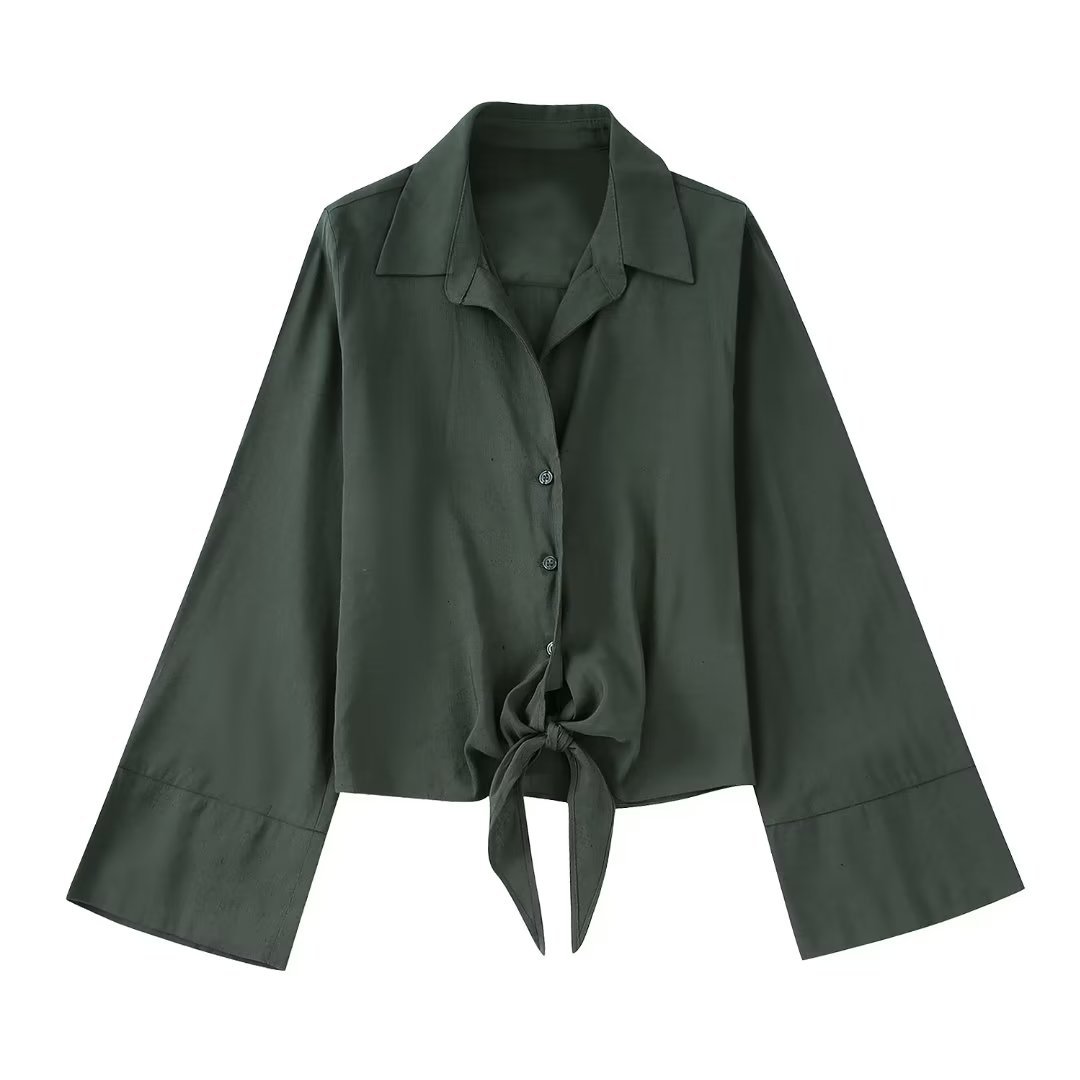 Linen Blend Knotted Trim Long Sleeve Lapel Shirt