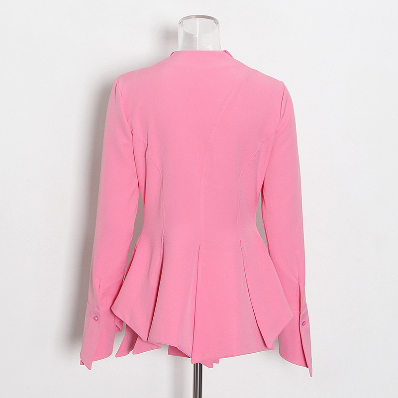 Pleated Open Pearl Button Solid Color Short Shirt