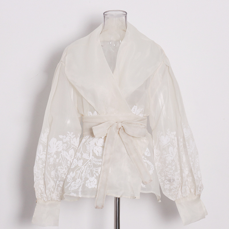 Retro Court Style Sexy Bubble Sleeve Lace-Up Blouse Shirt