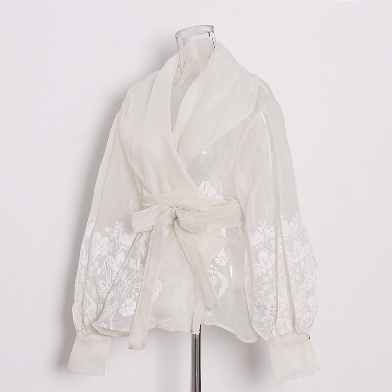 Retro Court Style Sexy Bubble Sleeve Lace-Up Blouse Shirt