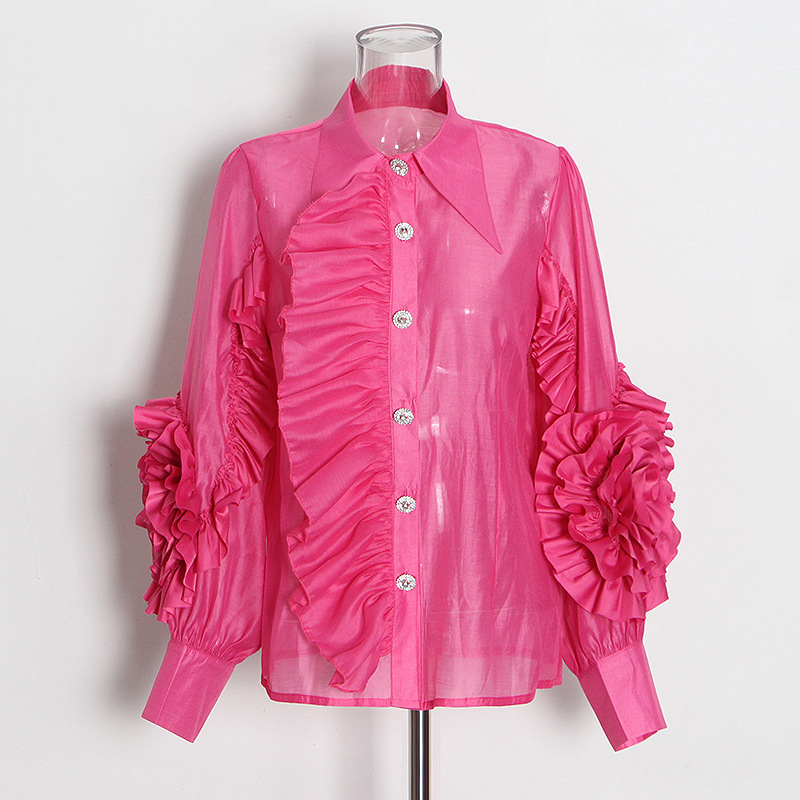Ruffle Stitching Single-Breasted Solid Color Lapel Shirt