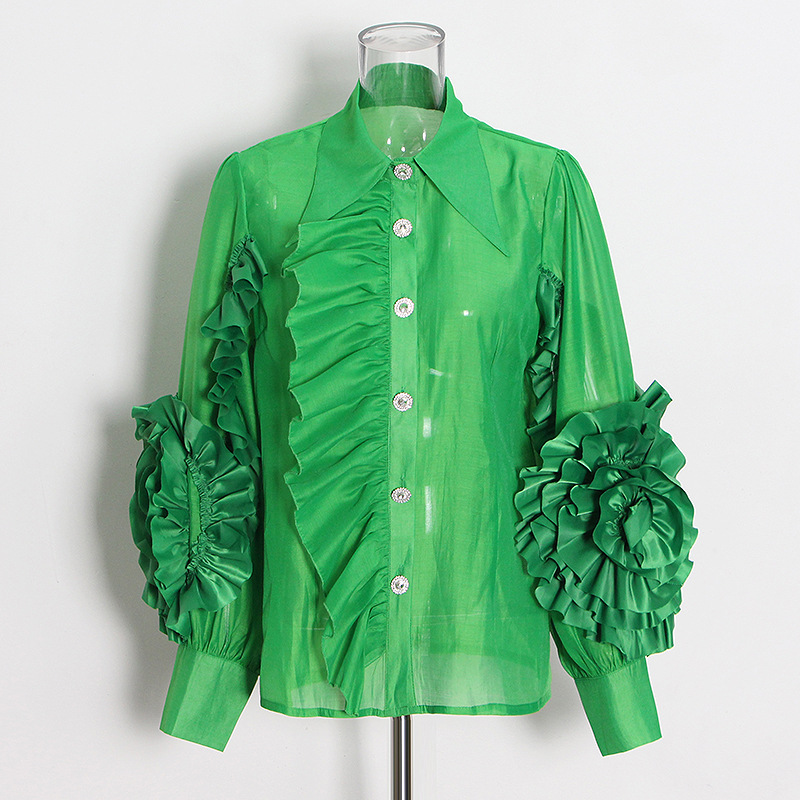 Ruffle Stitching Single-Breasted Solid Color Lapel Shirt