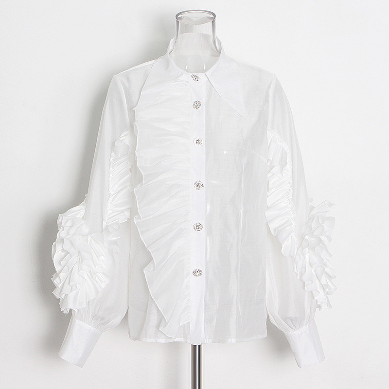 Ruffle Stitching Single-Breasted Solid Color Lapel Shirt