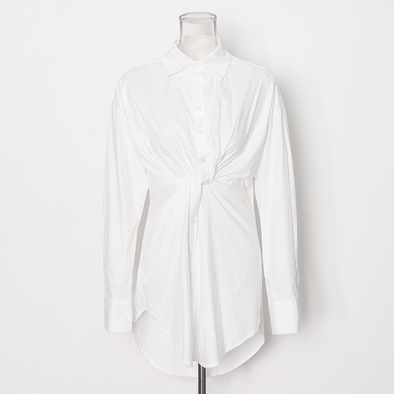Single-Breasted Mid-Length Solid Color Twisted Knot Shirt
