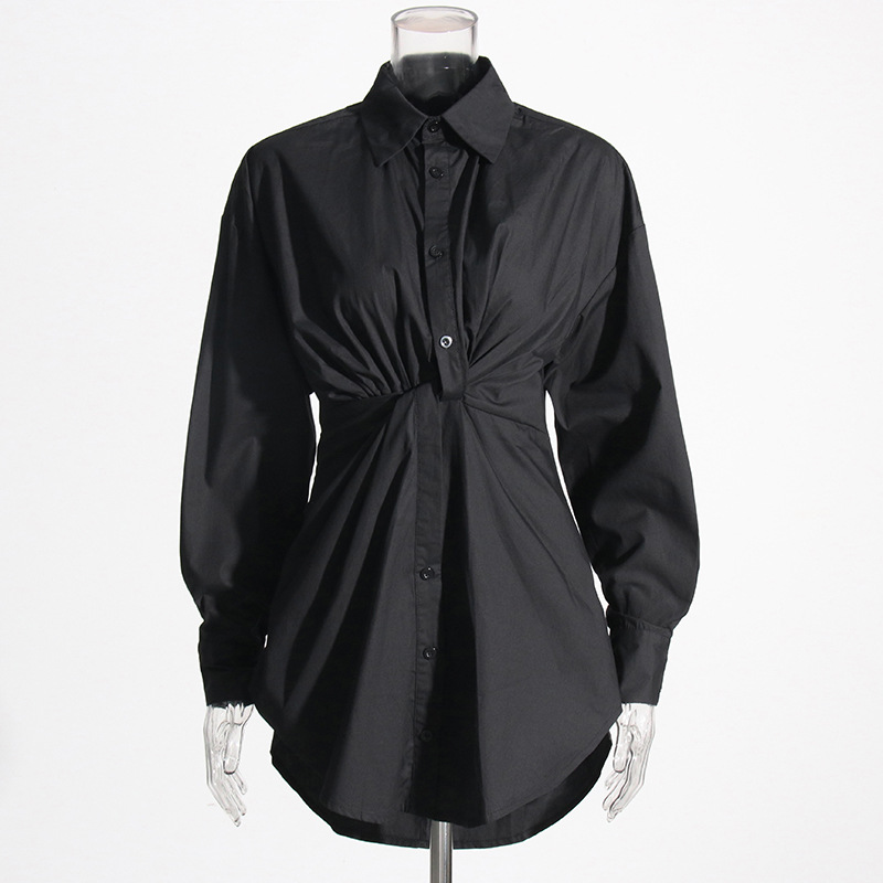 Single-Breasted Mid-Length Solid Color Twisted Knot Shirt