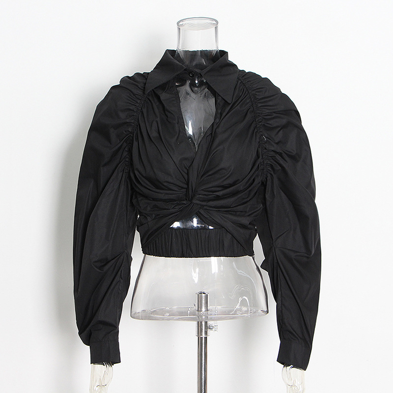 Spring And Summer New Pleated Twist Knot Lapel Shirt