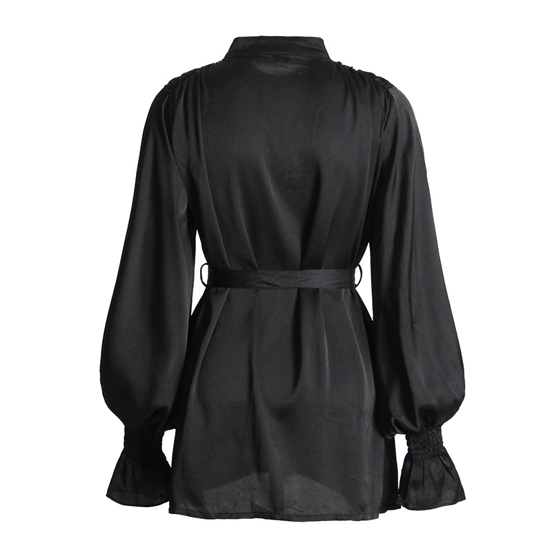 Stand-Up Collar Single-Breasted Tied Waist Shirt